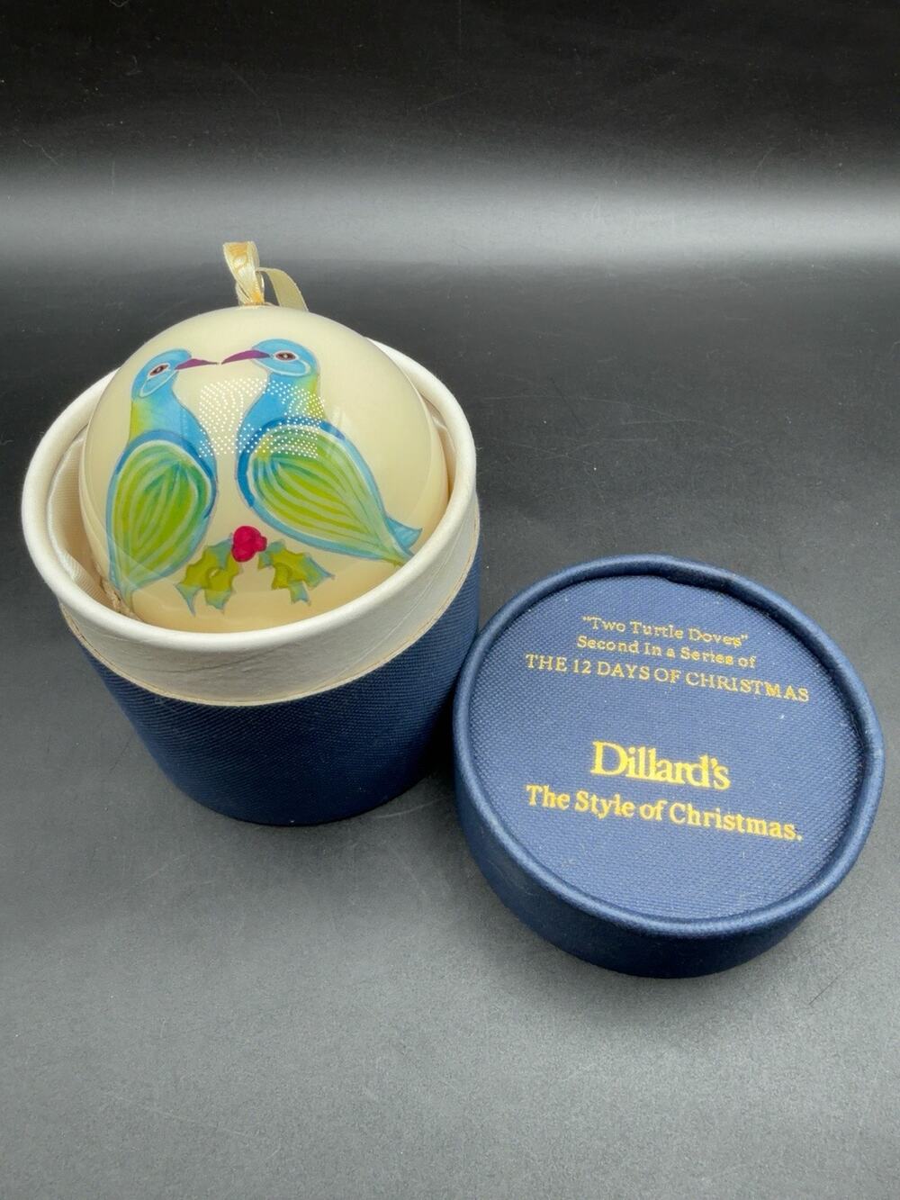 Dillard’s 2008 Two Turtle Doves 12 Days Christmas Inside Painted Glass Ornament